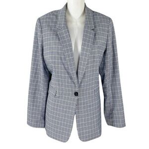 DKNY black white blue houndstooth plaid long blazer jacket 12
